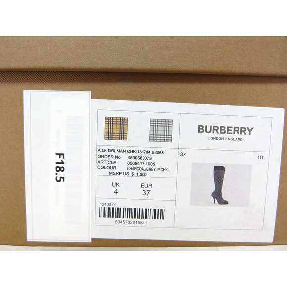 $1000 BURBERRY DOLMAN NAVY GRAY KNITTED CHECK KNEE HIGH HEEL SOCK BOOTS 37 - Picture 15 of 15